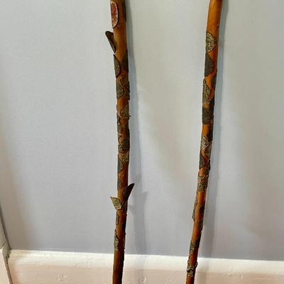 Pair of antique German Alpine walking canes with badges