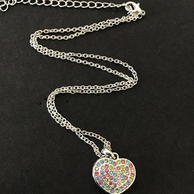 Cute multicolored, crystal rhinestone, silver tone, heart necklace