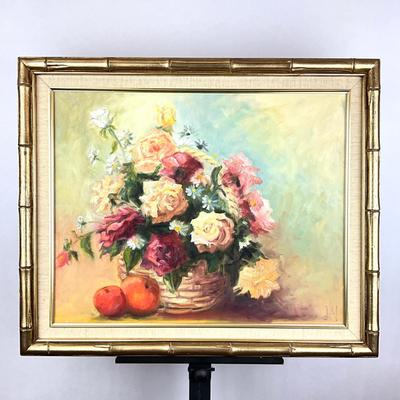Sale Photo Thumbnail #57: Gold bamboo frame, measures: 24" wide x 20" high
Canvas: 20" wide x 16" high
Initialed on lower right hand corner
