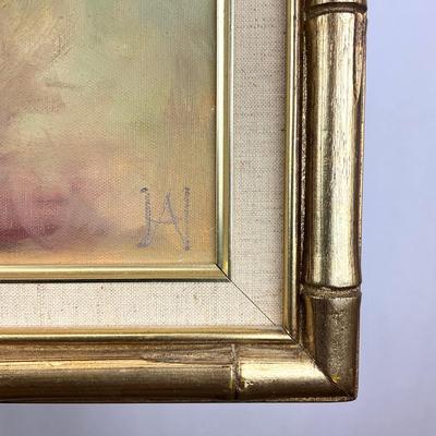 Sale Photo Thumbnail #59: Gold bamboo frame, measures: 24" wide x 20" high
Canvas: 20" wide x 16" high
Initialed on lower right hand corner