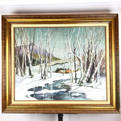 Sale Photo Thumbnail #232: Signed bottom right
Measures: 31.5" high x 37.5" wide
Painted from sketches of the hills and birches found around so many creeks of Melting snow in Vermont.  The pattern of the trees against the winter sky was very inviting to paint.   (from Ann's notes o