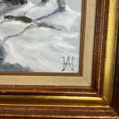 Sale Photo Thumbnail #234: Signed bottom right
Measures: 31.5" high x 37.5" wide
Painted from sketches of the hills and birches found around so many creeks of Melting snow in Vermont.  The pattern of the trees against the winter sky was very inviting to paint.   (from Ann's notes o