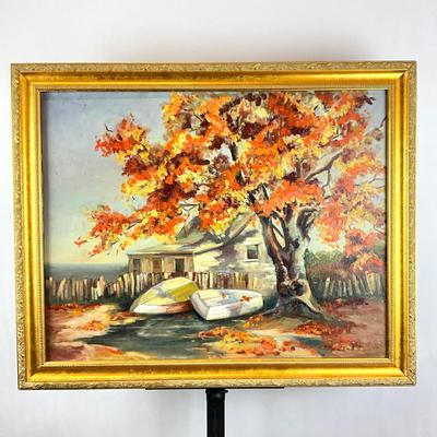 Sale Photo Thumbnail #256: Signed on back
Measures: 25.5" high x 32" wide
painted from a sketch made on a tour of Cape Cod- The magnificent tree just at the seawall edge of the almost landlocked harbor.  (notes from Ann on painting)