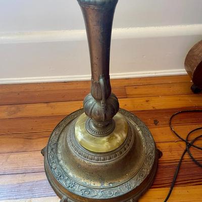 Vintage brass torchere floor lamp with glass shade