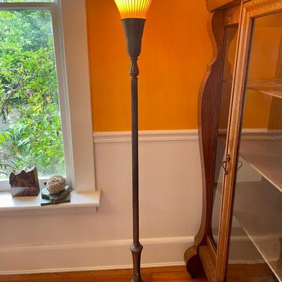 Vintage brass torchere floor lamp with glass shade