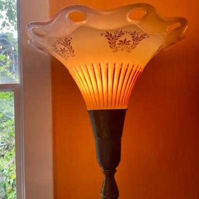 Vintage brass torchere floor lamp with glass shade