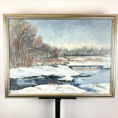 Sale Photo Thumbnail #270: Signed bottom right
Measures: 25" high x 33" wide
from Ann's notes : During a rate snowstorm on the Eastern Shore the creek running under Tanyard Road froze along its shore and snow covered field presented a very beautiful winter scene