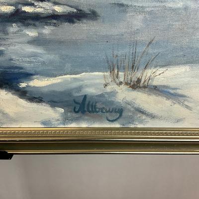 Sale Photo Thumbnail #272: Signed bottom right
Measures: 25" high x 33" wide
from Ann's notes : During a rate snowstorm on the Eastern Shore the creek running under Tanyard Road froze along its shore and snow covered field presented a very beautiful winter scene