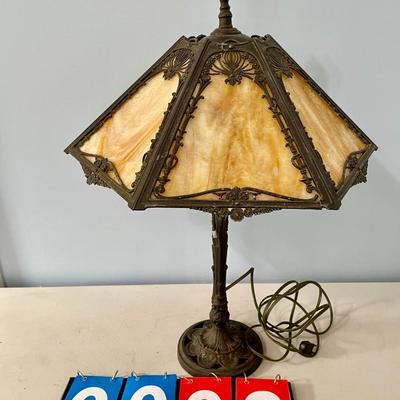 Antique Milcast Art Nouveau slag glass panel lamp, c1926