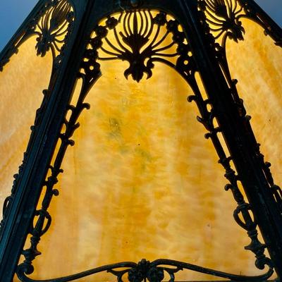 Antique Milcast Art Nouveau slag glass panel lamp, c1926