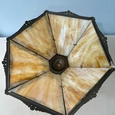 Antique Milcast Art Nouveau slag glass panel lamp, c1926