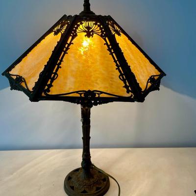 Antique Milcast Art Nouveau slag glass panel lamp, c1926