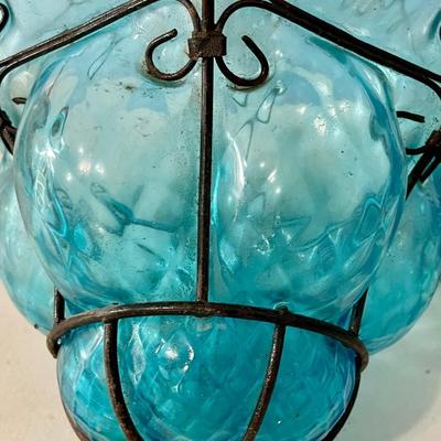 Vintage Seguso Murano blue "bubble glass" pendant chandelier