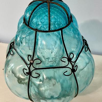 Vintage Seguso Murano blue "bubble glass" pendant chandelier