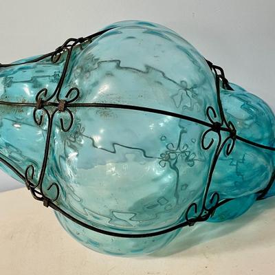 Vintage Seguso Murano blue "bubble glass" pendant chandelier