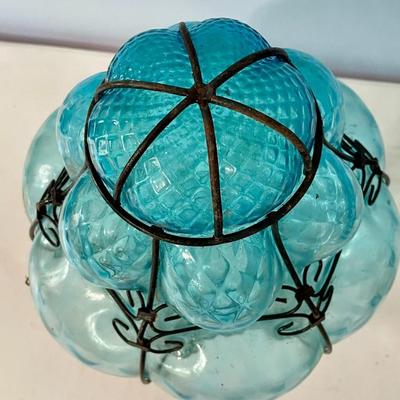 Vintage Seguso Murano blue "bubble glass" pendant chandelier