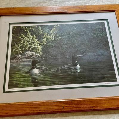 Framed signed and #d "Ring-necked Loons" print by LeDuc