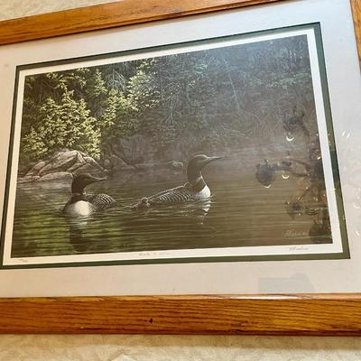 Framed signed and #d "Ring-necked Loons" print by LeDuc
