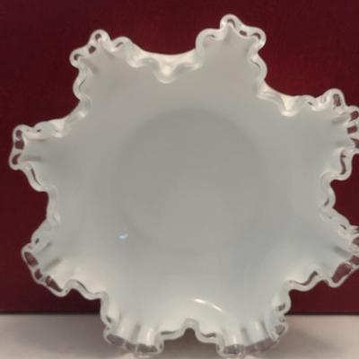 Vintage Fenton Silver Crest Ruffled Edge Milk Glass Bowl- Approx 7 3/4" in Diameter