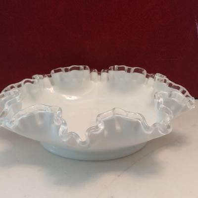 Vintage Fenton Silver Crest Ruffled Edge Milk Glass Bowl- Approx 7 3/4" in Diameter