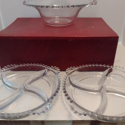 Imperial Candlewick Bowl and Divided Relish Trays- Three Pieces Total