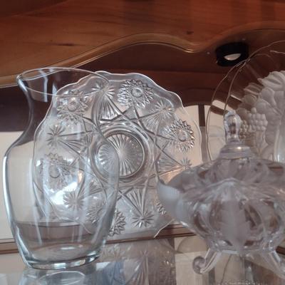 Collection of Glass/Crystal Serve Ware- Large Plates, Candy Dish, Pitcher, etc.