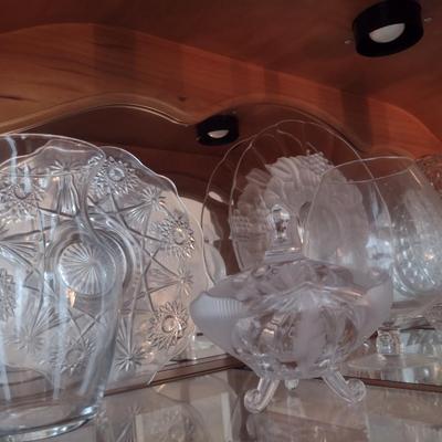 Collection of Glass/Crystal Serve Ware- Large Plates, Candy Dish, Pitcher, etc.