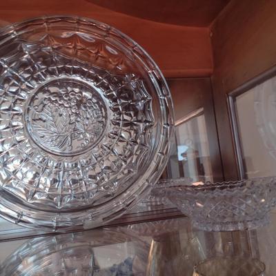 Collection of Glass/Crystal Serve Ware- Large Plates, Candy Dish, Pitcher, etc.