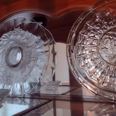 Collection of Glass/Crystal Serve Ware- Large Plates, Candy Dish, Pitcher, etc.