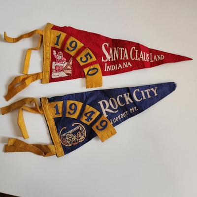 Sale Photo Thumbnail #38: This auction lot is for a pair of Vintage Santa Claus Land & Rock City Pendants.  These pendants sport the year of visit and are quite cool.  We found these pendants stuffed in a trunk and they are somewhat wrinkled - but in overall nice condition for bei