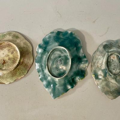 Trio of antique Etruscan Majolica oak leaf + Griffin Smith & Hill begonia plates