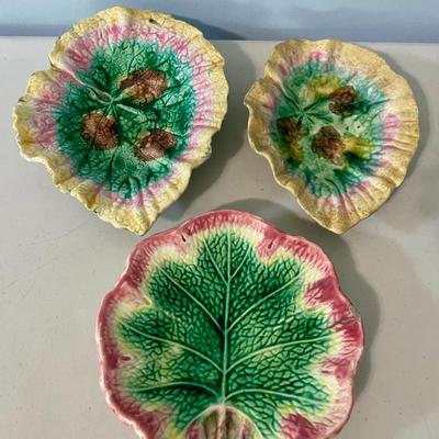 Trio of antique Etruscan Majolica oak leaf + Griffin Smith & Hill begonia plates