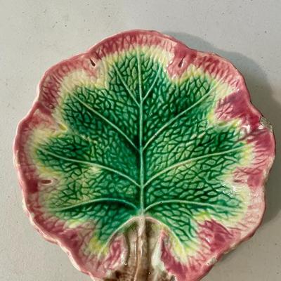 Trio of antique Etruscan Majolica oak leaf + Griffin Smith & Hill begonia plates
