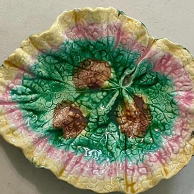 Trio of antique Etruscan Majolica oak leaf + Griffin Smith & Hill begonia plates