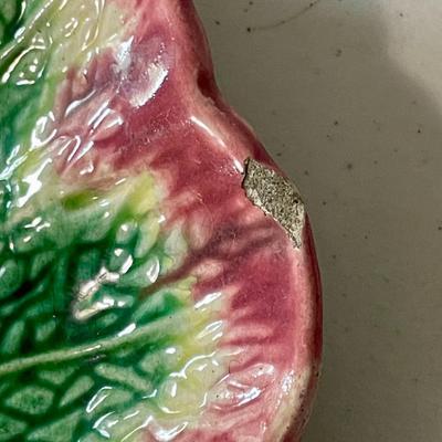 Trio of antique Etruscan Majolica oak leaf + Griffin Smith & Hill begonia plates