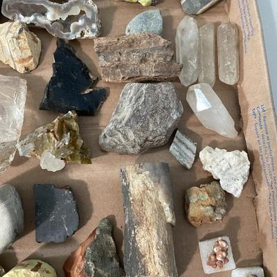 Mixed lot of rocks, minerals, fossilized shells & crystals + rock collecting book