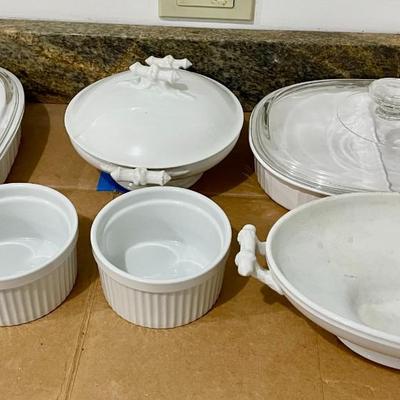 Mixed Corning Ware & Maddock white cookware lot