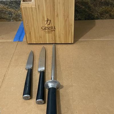 Mixed knife lot, wood cutting board & Ginsu knife block