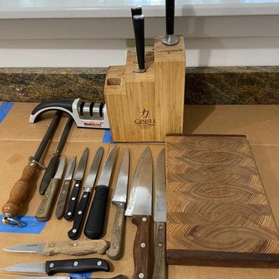 Mixed knife lot, wood cutting board & Ginsu knife block