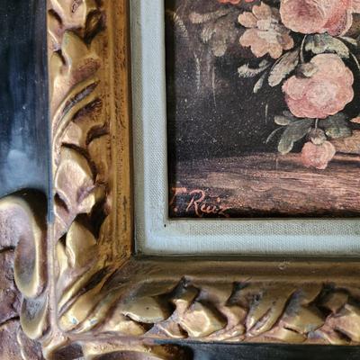 Sale Photo Thumbnail #610: This auction lot is for a Texturized Print of Flowers on Canvas Nicely Framed .  This very sweet vintage offering is nicely framed to showcase the beautiful flowers printed on canvas and mechanically texturized..  This painting is in a lightweight frame t