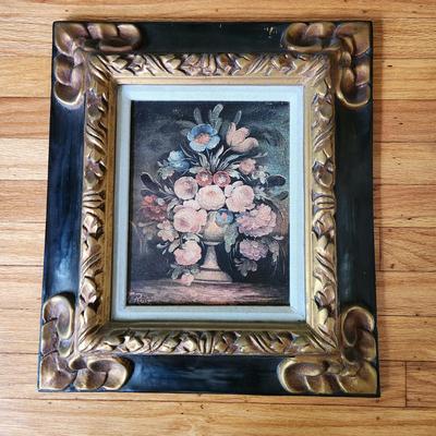 Sale Photo Thumbnail #609: This auction lot is for a Texturized Print of Flowers on Canvas Nicely Framed .  This very sweet vintage offering is nicely framed to showcase the beautiful flowers printed on canvas and mechanically texturized..  This painting is in a lightweight frame t