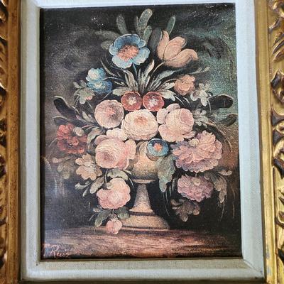 Sale Photo Thumbnail #611: This auction lot is for a Texturized Print of Flowers on Canvas Nicely Framed .  This very sweet vintage offering is nicely framed to showcase the beautiful flowers printed on canvas and mechanically texturized..  This painting is in a lightweight frame t