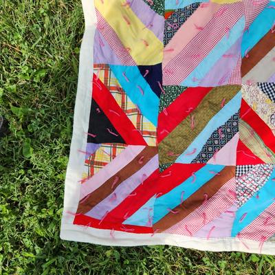 Sale Photo Thumbnail #116: This auction lot is for a Colorful Crazy-Patch with Pigtails Quilt.  This quilt is clean and ready for use.  In nice condition.  Straight from the cedar chest. Measures about 80X64-inches.