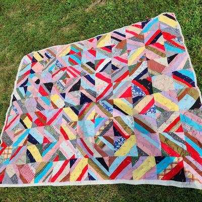 Sale Photo Thumbnail #115: This auction lot is for a Colorful Crazy-Patch with Pigtails Quilt.  This quilt is clean and ready for use.  In nice condition.  Straight from the cedar chest. Measures about 80X64-inches.
