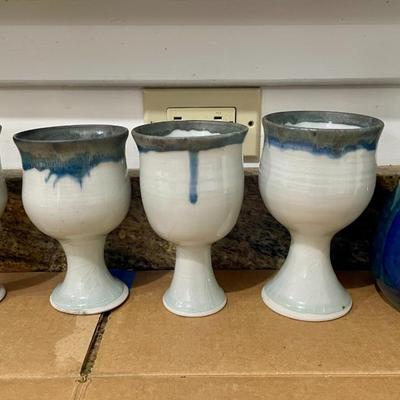 Set of 4 hand-thrown pottery chalices + pitcher