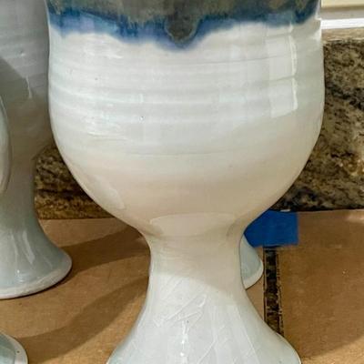 Set of 4 hand-thrown pottery chalices + pitcher