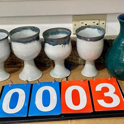 Set of 4 hand-thrown pottery chalices + pitcher