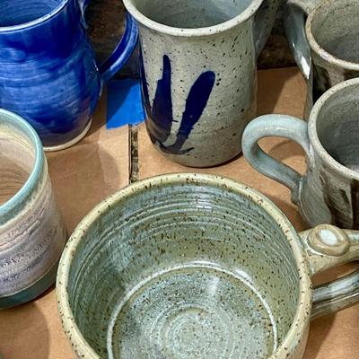 Mixed lot of 12 hand-thrown pottery mugs
