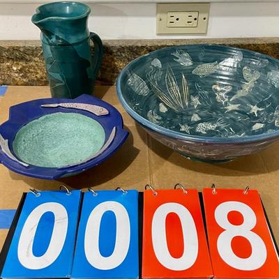 Mixed 3pc lot of hand-thrown fish-themed pottery
