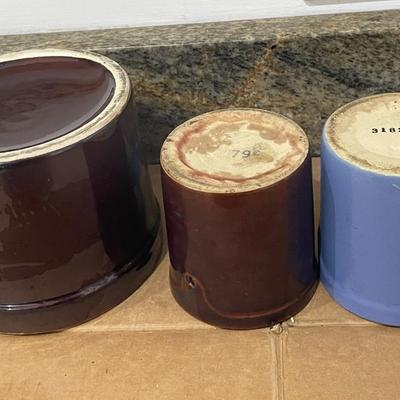 Mixed lot of vintage crocks and a hand-thrown serving bowl